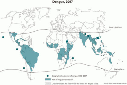 Karte: Dengue-Fieber-Vorkommen 2007